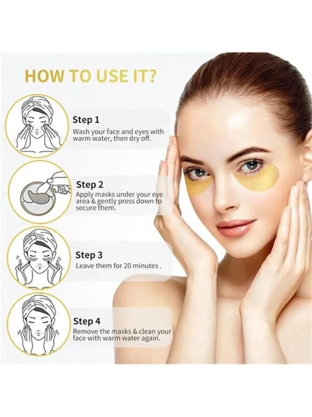 24K Gold Under Eye Patches 60 Pack for Puffy Eyes, Dark Circles, Bags & Wrinkles